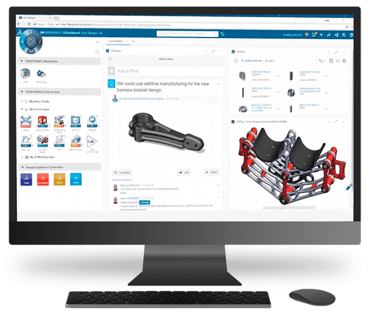 Screenshot of a 3D CAD environment showing a jet engine assembly with its multi-level part tree on the left — the structured product data that PLM governs as the system of record.